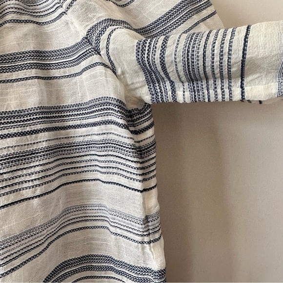 THEORY-STRIPE Silk Blend Off Shoulder Bell Sleeve Blouse (Size:Small) - Picture 10 of 13